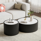 17.7-Inch Round End Table for Living Room Office, White Faux Marble Tabletop, Black Fluted PU Leather Covered, Modern Round Sofa Side Table Small Coffee Table, 17.71''Dia x 17.71''H