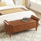 Storage Ottoman Bench, 50" Modern Upholstered End of Bed Bench, Faux Leather Rolled Armed Button-Tufted Ottoman with Storage for Living Room, Entryway, Window, Brown
