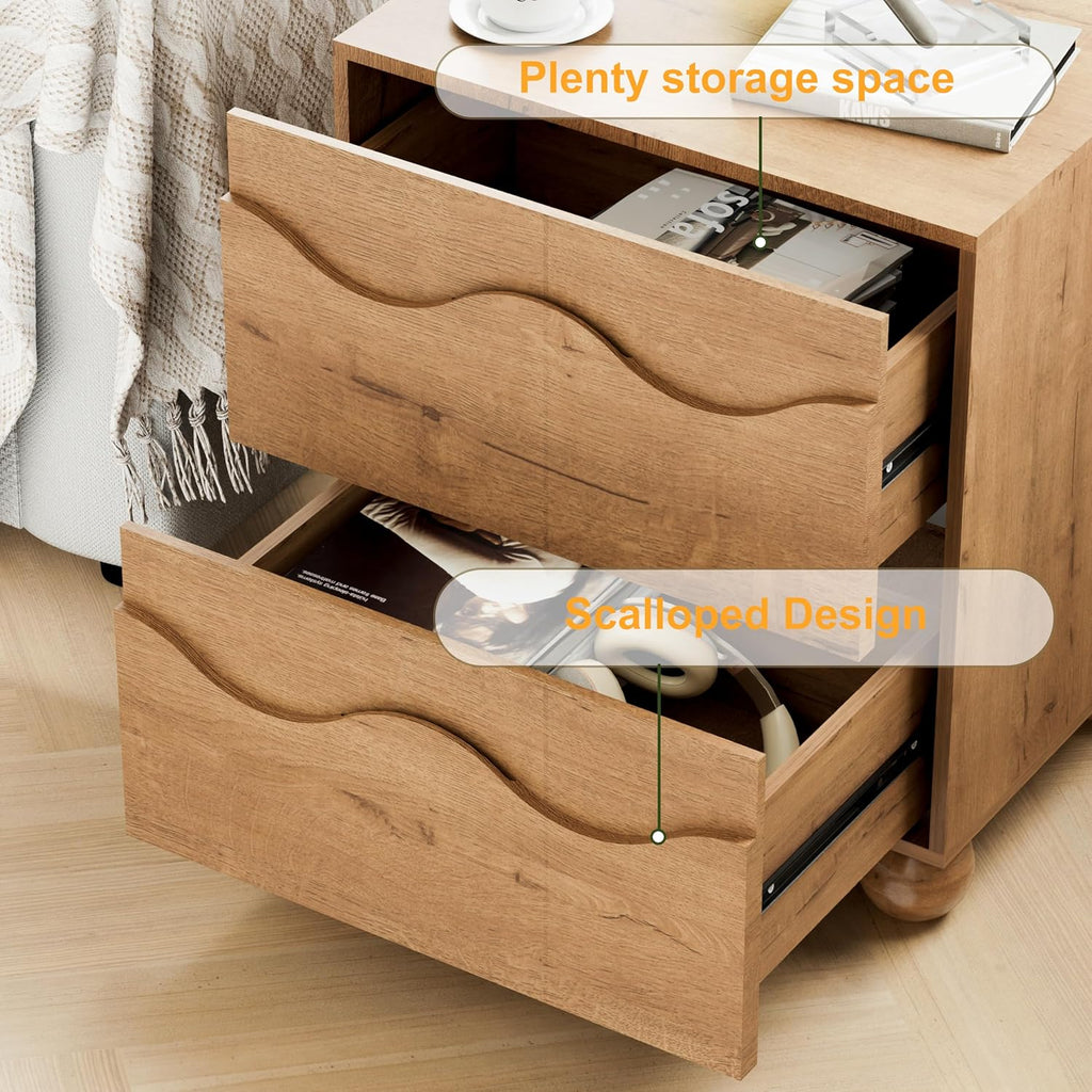 Anbuy Scalloped Nightstand for Bedroom with 2 Drawers, Modern Night Stand with Hidden Handle, Wooden End Table, Fluted Wood Bedside Table for Living Room, Natural Oak