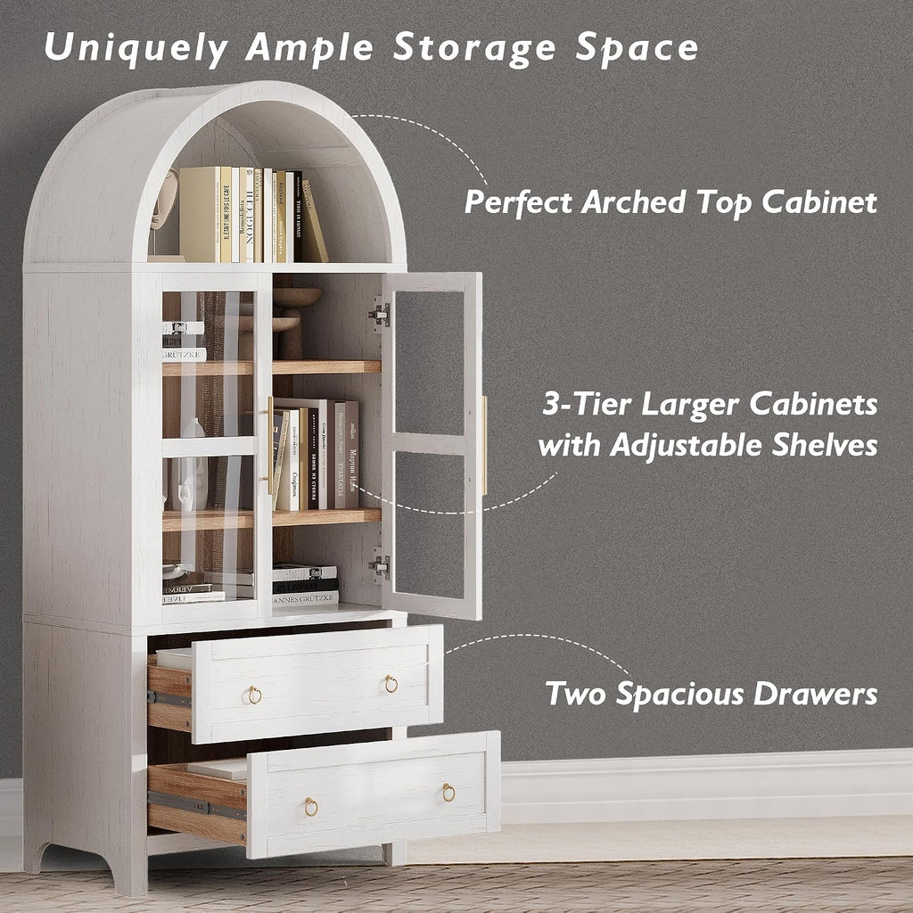 71" Tall Arched Kitchen Pantry Cabinet, Modern Farmhouse Freestanding Food Storage Cabinet with 2 Large Drawers & Adjustable Shelves, Glass Door Wood Cupboard for Kitchen & Dining Room,White