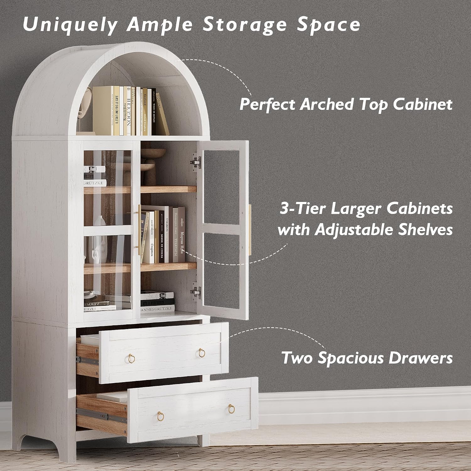 71" Tall Arched Kitchen Pantry Cabinet, Modern Farmhouse Freestanding Food Storage Cabinet with 2 Large Drawers & Adjustable Shelves, Glass Door Wood Cupboard for Kitchen & Dining Room,White