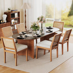 Andeworld Farmhouse Natural Rattan Dining Chairs Set of 6, Upholstered Mid Century Modern Kitchen Dining Room Side Chairs, Armless Faux Leather Kitchen Chairs with Wood Frame, Beige