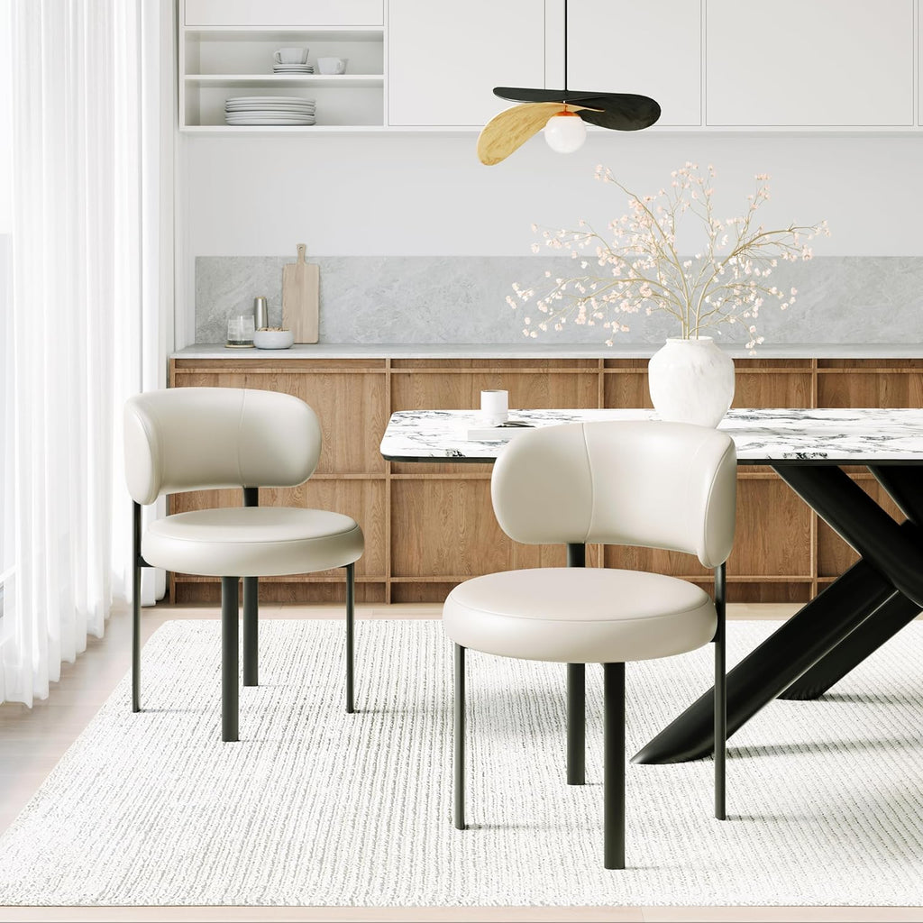 Beige Dining Chairs Set of 2 Leather Dining Chairs with Metal Legs, Spring Support and Curved Back, Round Kitchen Dining Room Chair Mid Century Modern Style for Cafe, Restrauent,Bar (Beige-2)