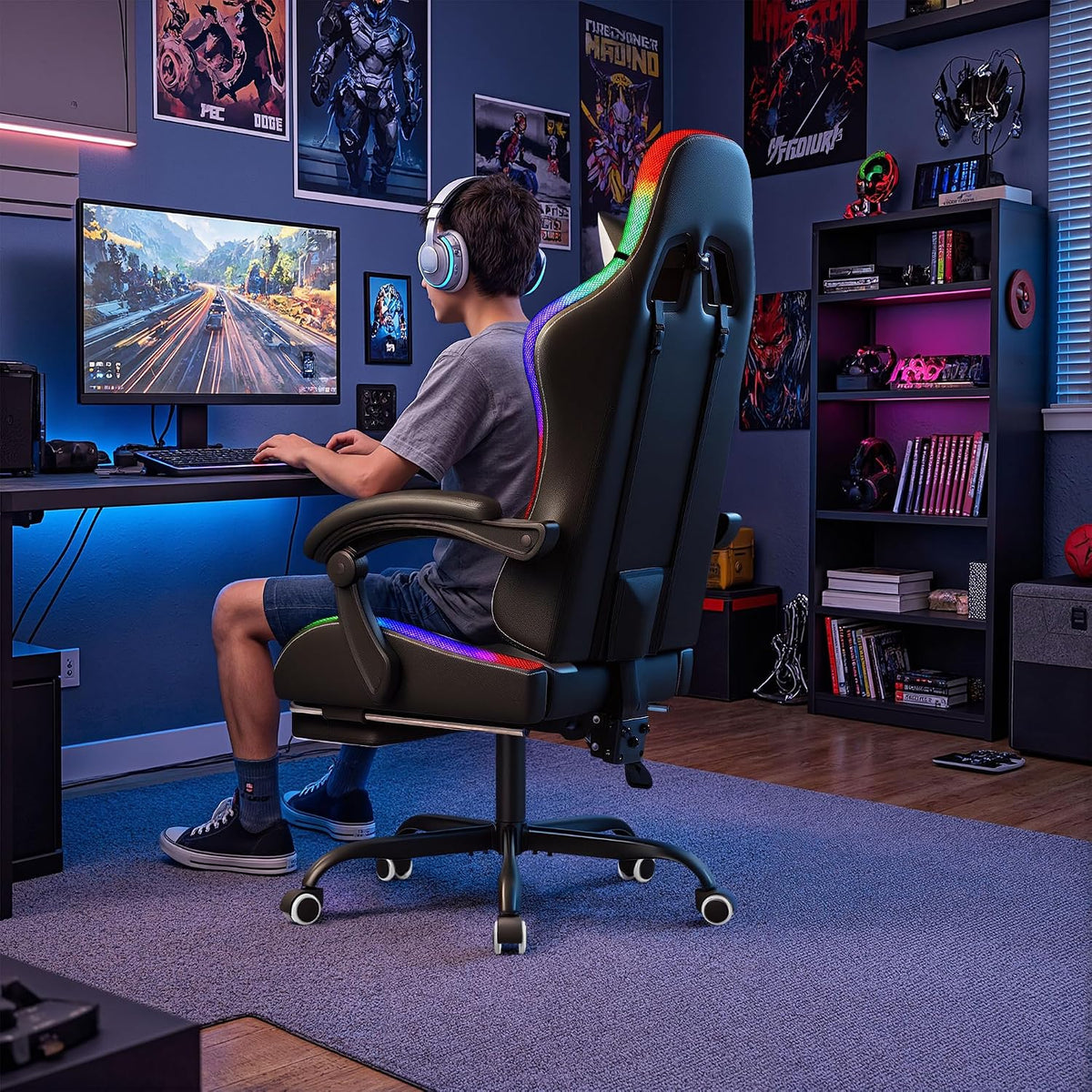 Homall Gaming Chair, Video Game Chair with Footrest and Massage Lumbar Support, Ergonomic Computer Chair Height Adjustable with Swivel Seat and Headrest (RGB Lvory)