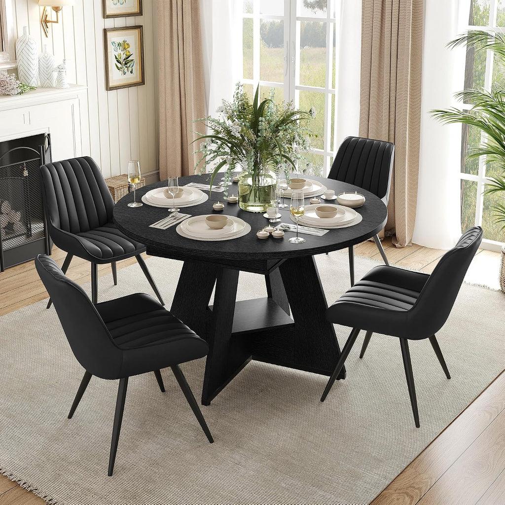 Miereirl Extendable Dining Table Set for 4-6, 47.24"-63" Round to Oval Dining Table Set with Upholstered Chairs, Hidden Storage Shelf, Kitchen & Dining Room Furniture for Apartment