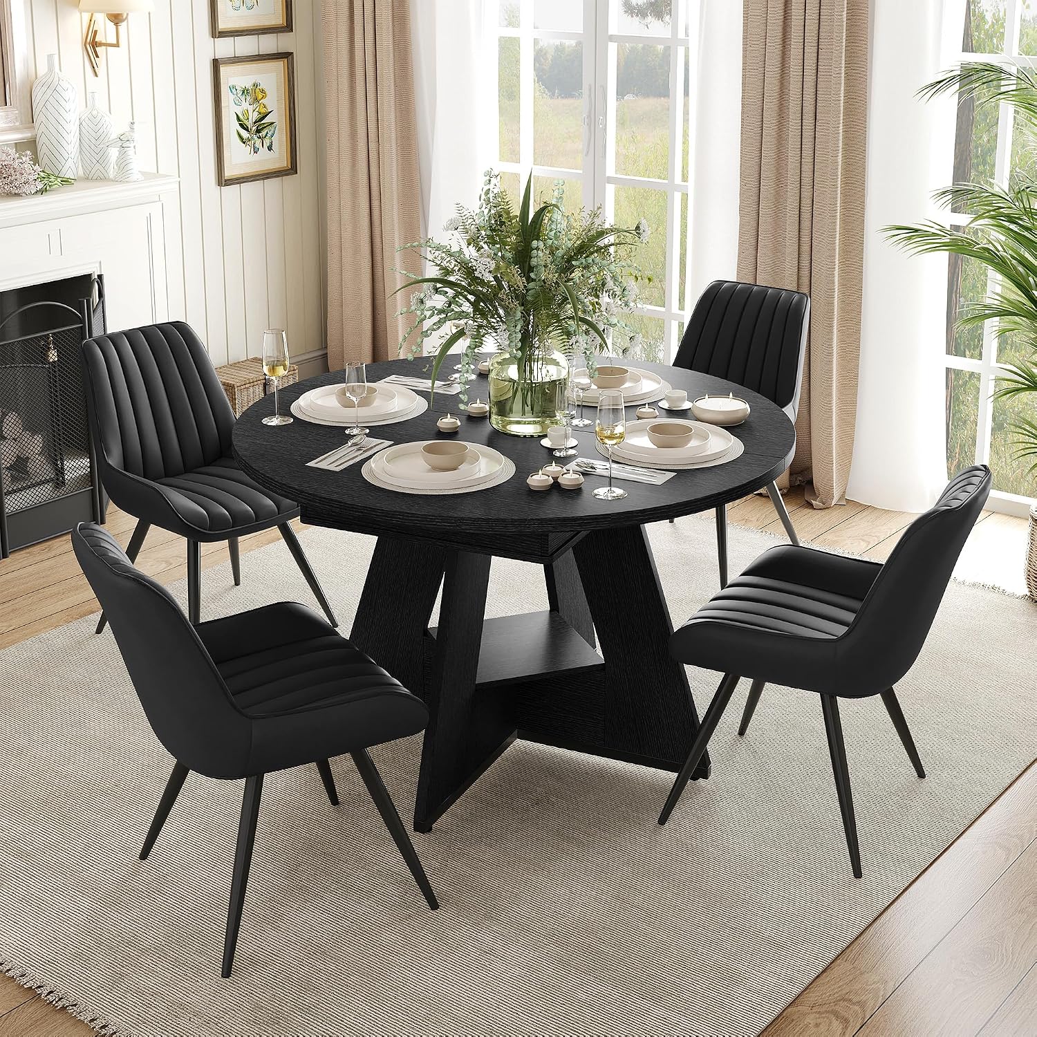 Miereirl Extendable Dining Table Set for 4-6, 47.24"-63" Round to Oval Dining Table Set with Upholstered Chairs, Hidden Storage Shelf, Kitchen & Dining Room Furniture for Apartment