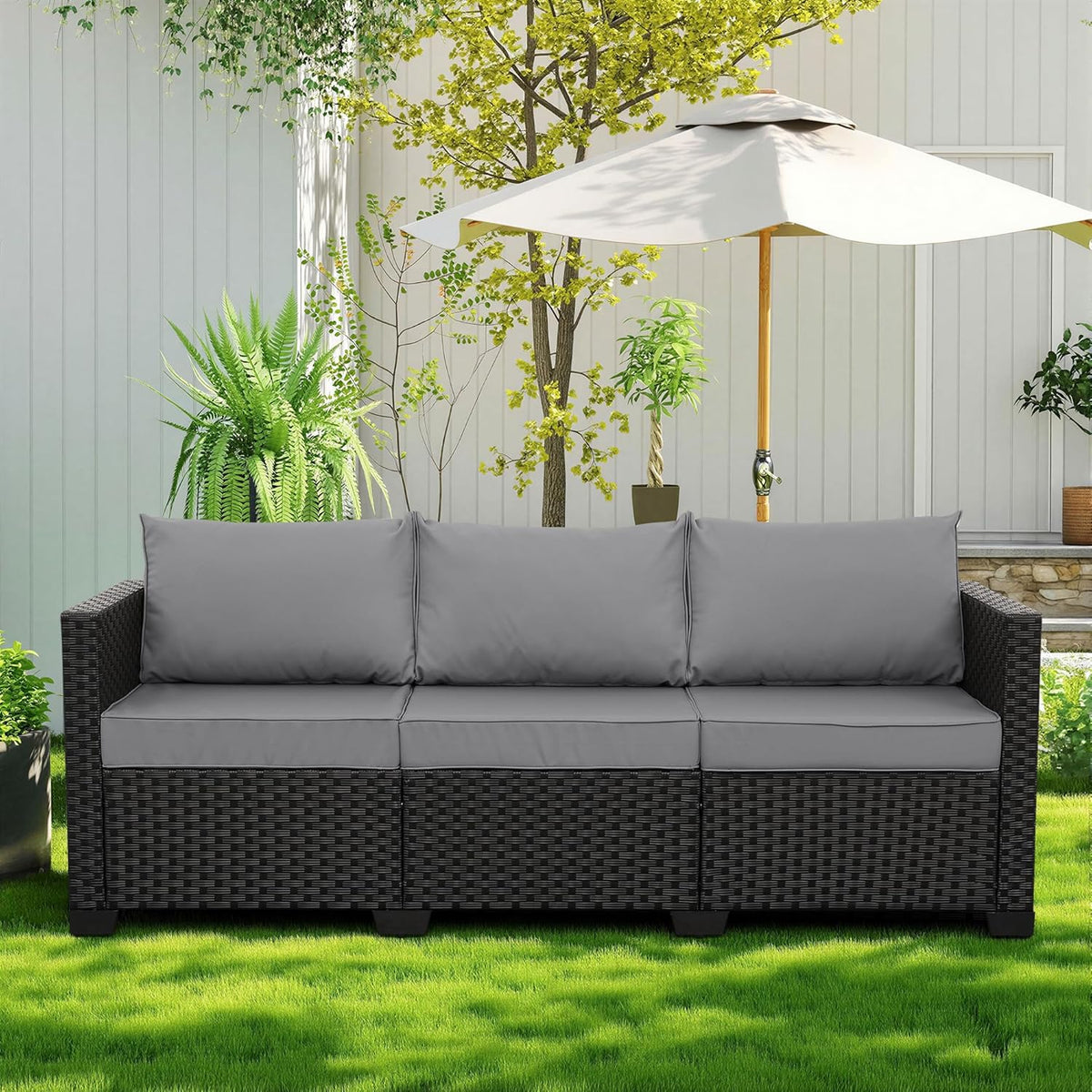 Rattan Star Patio Furniture Outdoor Couch Wicker Outdoor Furniture Patio Couch Deep Seat Sofa High Backrest with Waterproof Cover and Non-Slip Cushions, Grey