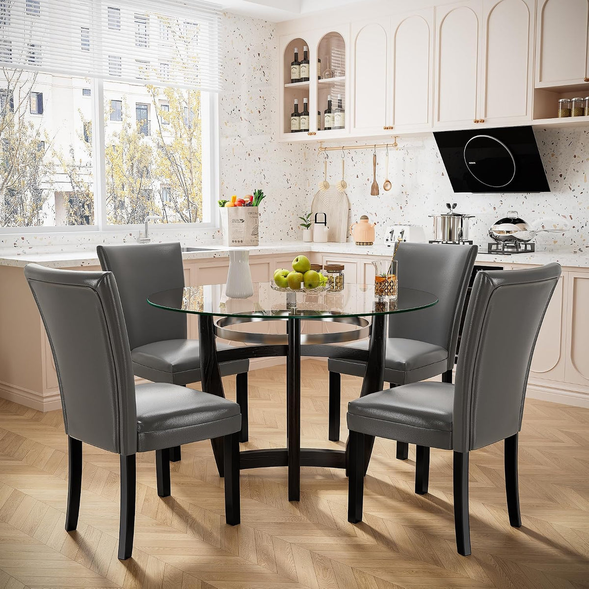 PADMA HOUSE Round Glass Dining Table Set for 4, 45in Modern Kitchen Small Wood Dinner Table with 4 Parsons Leather Dining Chairs 5 Piece Dining Room Table Chair Set, Clear&Grey