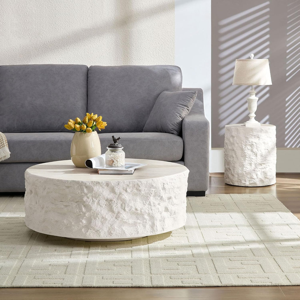 WILLIAMSPACE 15.75" Round End Table Side Table with Cement Stone Pattern for Living Room, Modern Circle Fiberglass Small Coffee Sofa Table, No Need Assembly (Beige)