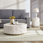 WILLIAMSPACE 15.75" Round End Table Side Table with Cement Stone Pattern for Living Room, Modern Circle Fiberglass Small Coffee Sofa Table, No Need Assembly (Beige)