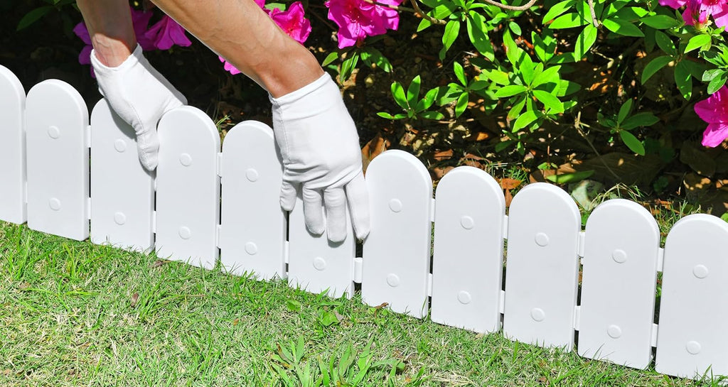 Evelyne Garden Border Edging: Wooden Fence Design - 8pcs White Yard Landscaping Fence Liner Lawn Edge Barrier - 10ft Kit of Decorative Lawn Landscape Panels Elements -Landscaping Edging-GMT-10374-D08