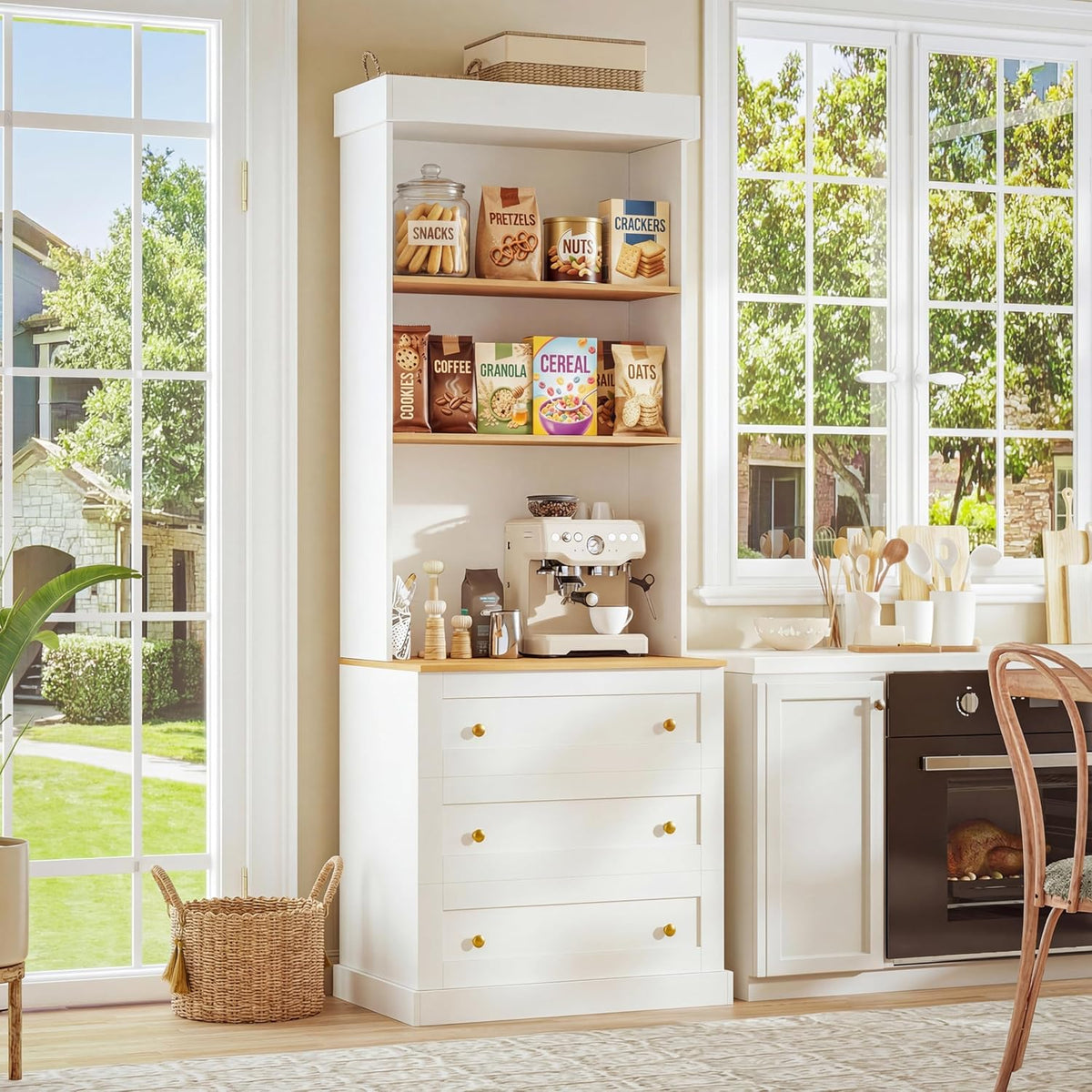 Vyre 71" Farmhouse Kitchen Pantry Cabinet, White Freestanding Coffee Bar Hutch with Drawers & Adjustable Shelves, Large Storage Cabinet with Microwave Stand for Living Room & Kitchen