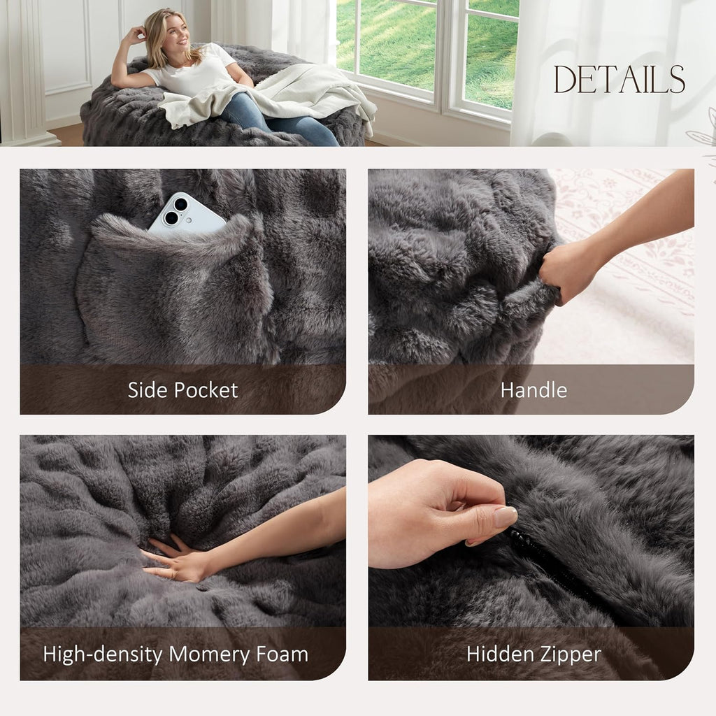 ZurNesfure Bean Bag Chair 3FT Adult Bean Bag with Filler Darkgrey, Medium | Giant Bean Bag Chair, with Handle, Side Pocket&Machine Washable Cover, Large Bean Bag Chair for Adults Home Dorm Bedroom