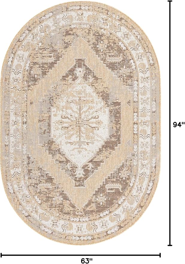 Unique Loom Outdoor Traditional Collection Area Rug - Valeria (5' 3" x 7' 10" Oval, Natural/ Ivory)