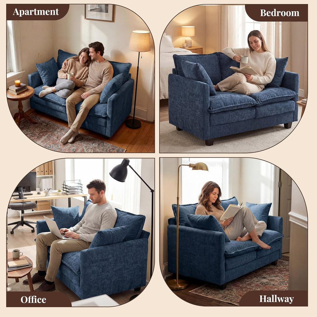 KYJ Loveseat Sofa, Cloud Love Seat Couch 3 Layer Cushion for Small Spaces | 50" Chenille Small Sofa, 27" Deep Seat, 2 Washable Pillow, in a Box for Bedroom & Living room, Singles, Couple & Kid, Blue