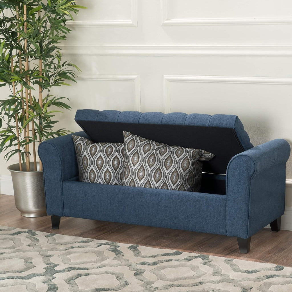 ‎GDF Studio Keiko Fabric Armed Storage Bench, Dark Blue, Dimensions: 19.75”D x 50.00”W x 20.5”H