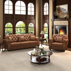 KEIKI 2-Piece Chesterfield Sofa Set with 1 Faux Leather 3-Seater Sofa & 1 Single Sofa, Upholstered 4-Seater Couch Set with Nailhead Trim & Rolled Arms & 1 Ottoman & 4 Pillow, for Living Room, Brown