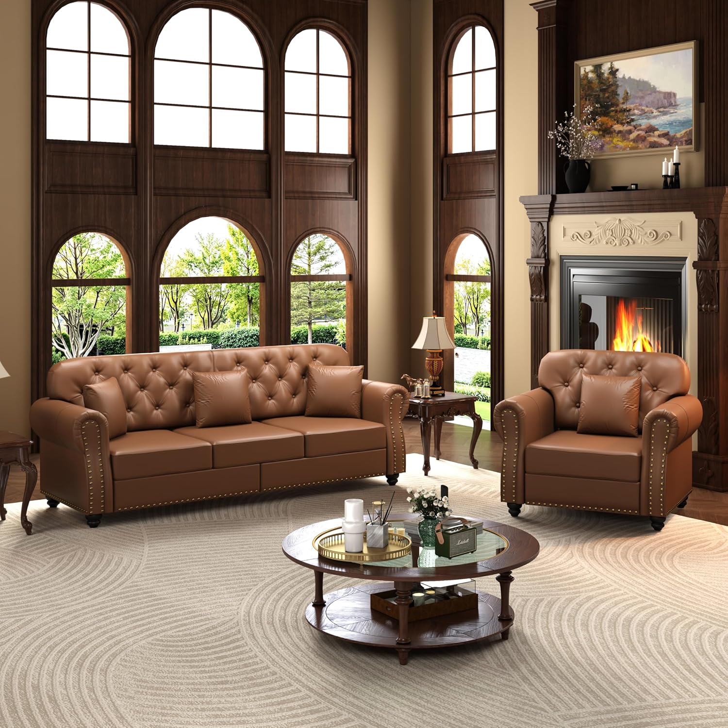 KEIKI 2-Piece Chesterfield Sofa Set with 1 Faux Leather 3-Seater Sofa & 1 Single Sofa, Upholstered 4-Seater Couch Set with Nailhead Trim & Rolled Arms & 1 Ottoman & 4 Pillow, for Living Room, Brown