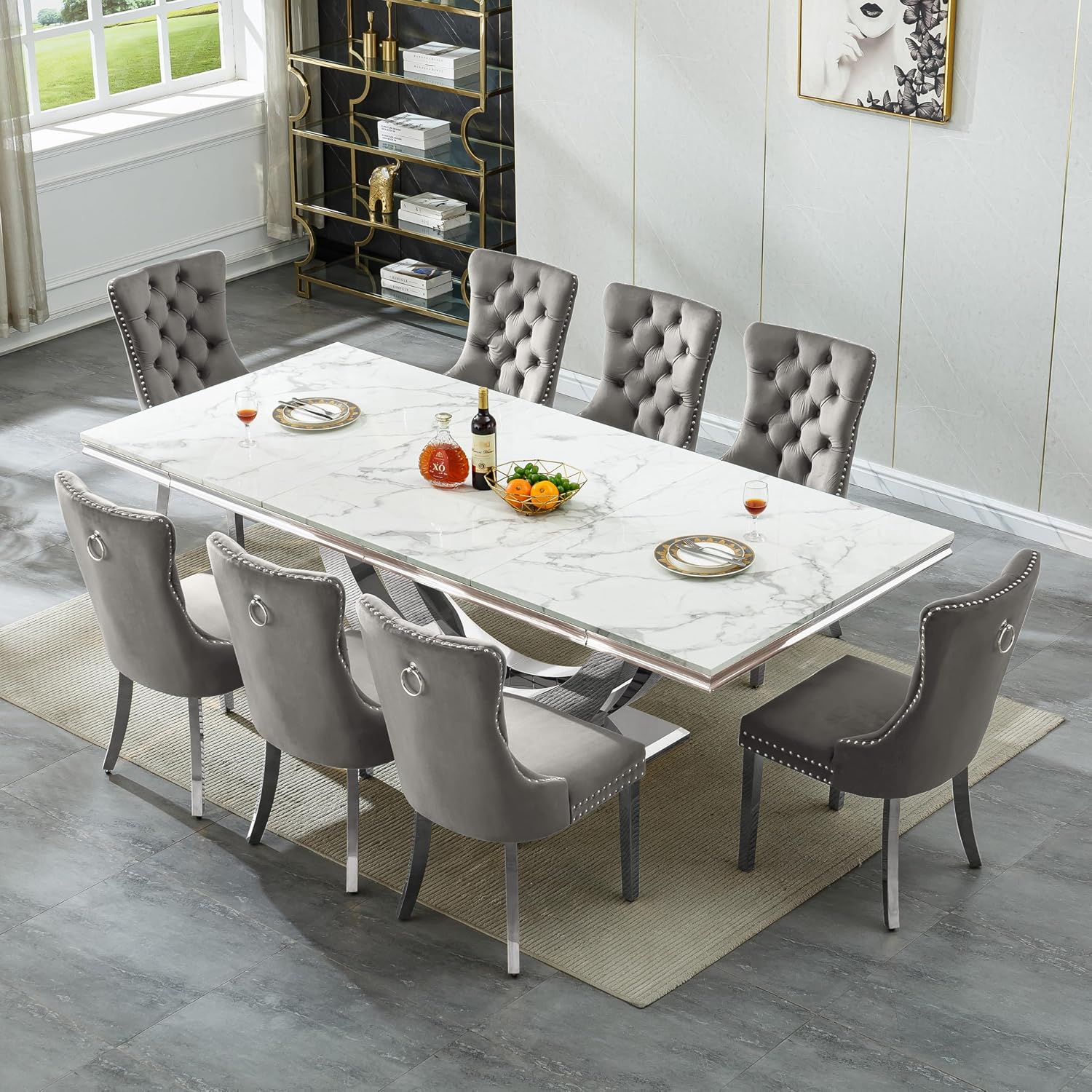 9-Piece Modern Dining Table Set with 8 Chairs, 94.5" Large Marble Kitchen Table & Grey Upholstered Chairs Set for 8, White Dining Room Table Set with Silver Stainless Steel Frame & Faux Mable Top