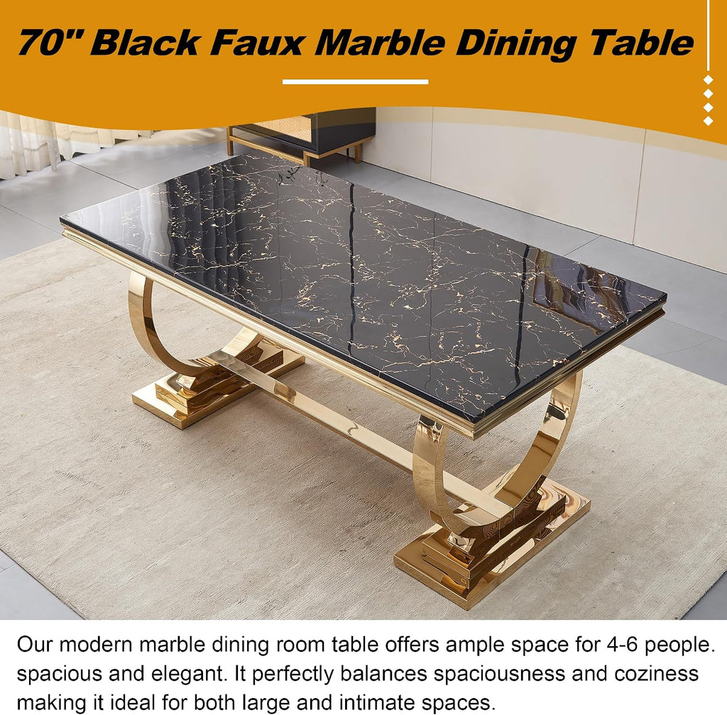 70" Marble Dining Table with Black Faux Marble Top and Gold O-Shape Stainless Steel Base, Modern Rectangular Kitchen Table for Living Room, Home Office, Easy to Clean