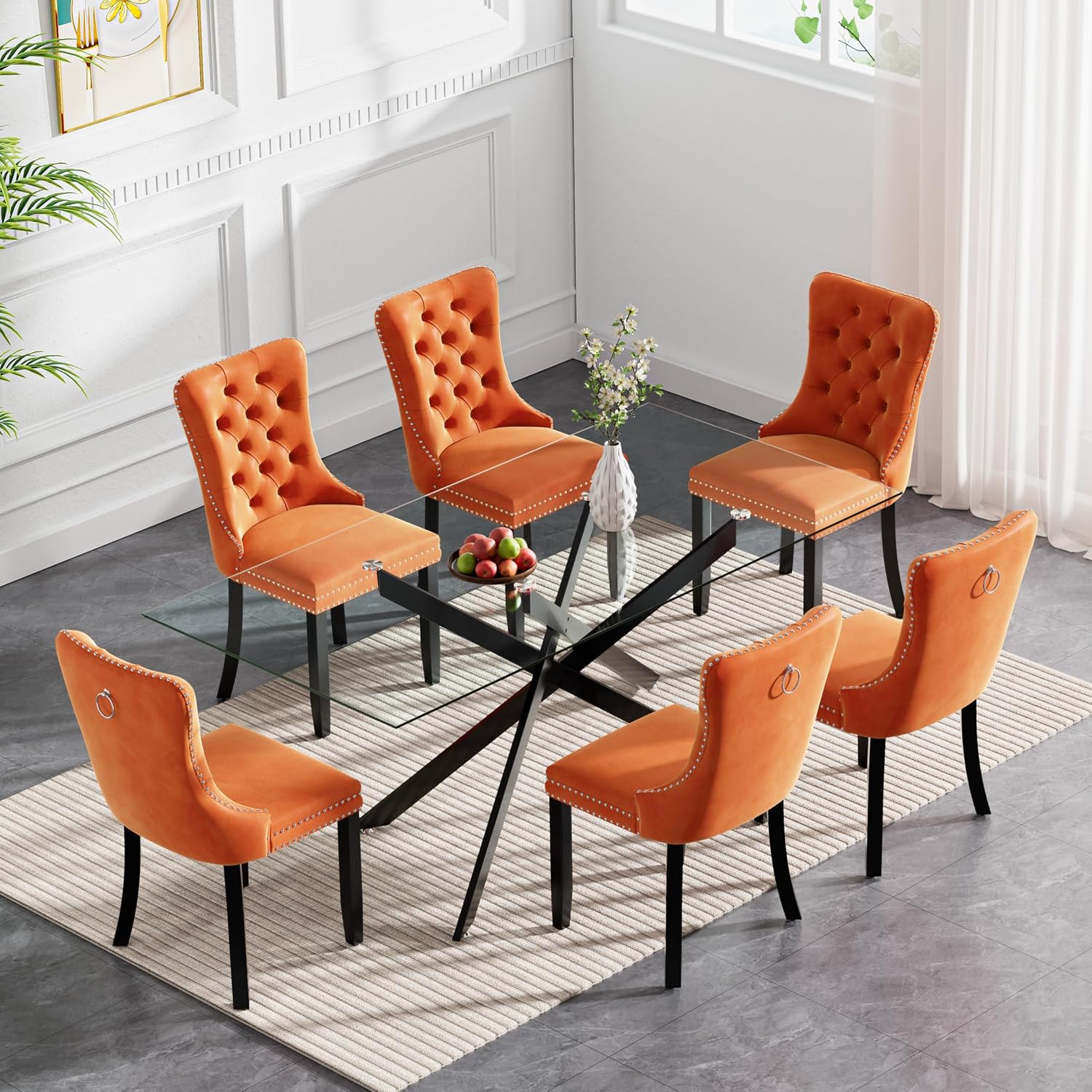 60" Black Glass Dining Room Table Set for 6, 7-Piece Modern Rectangular Kitchen Dining Table Set with Cross Chrome Metal Legs & 6 Orange Velvet Upholstered Chairs, Kitchen Table and Chairs Set