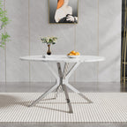 47" Round Faux Marble Dining Table for 4-6, Modern White Marble Top Kitchen Table for 6, Luxury Circle Dining Room Tables with Silver X-Shape Pedestal Base