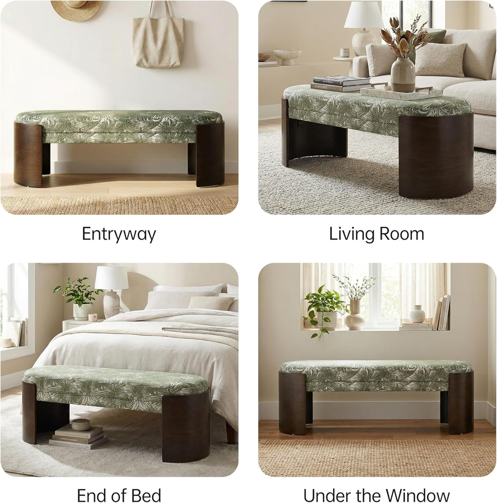 VKNOW 50" Upholstered Ottoman Bench with Botanical Pattern, Oval Entryway Bench with Solid Curved Bentwood Legs, Accent End of Bed Bench for Bedroom, Dining Bench for Dining Room, Living Room, Green
