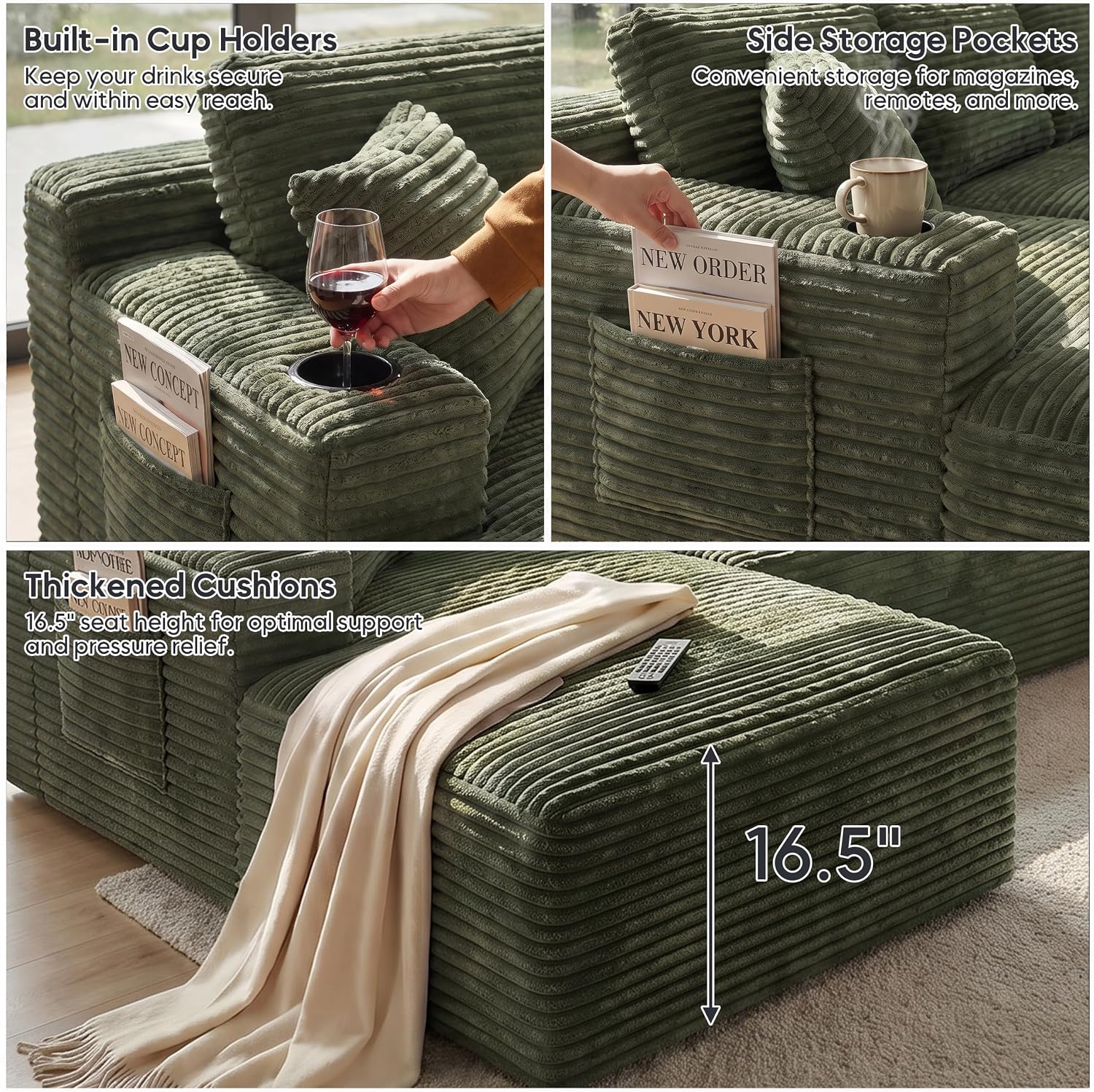 133" U-Shaped Modular Sectional Sofa, Corduroy Couch, Green | Cloud Luxury Comfort, Couches for Living Room, Storage & Cupholder, Oversized Sofa, Deep Seat, No Assembly Required