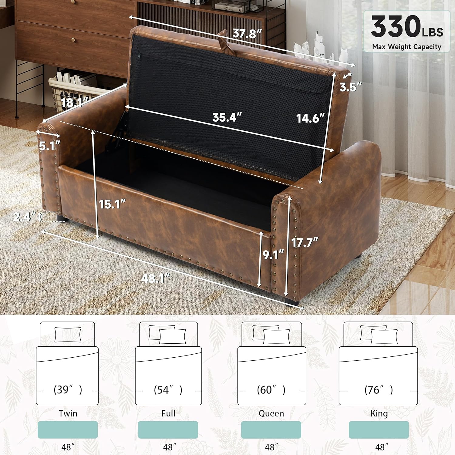 Ottoman with Storage, Tufted Storage Bench for Bedroom, 48" PU Leather End of Bed Bench, Upholstered Entryway Shoe Benches with Rolled Arm & Inner Zipper, Window Ottomans Chest with Rivets, Brown