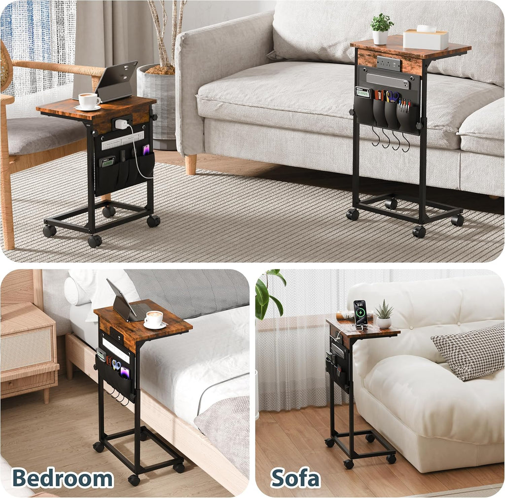Adjustable Height Couch Table with USB-C Charging Station & Pocket Storage – Compact Couch Stand with Hooks & Wheels for Small Spaces & Living Room, Adjustable C Table (Rustic Brown)