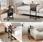 Adjustable Height Couch Table with USB-C Charging Station & Pocket Storage – Compact Couch Stand with Hooks & Wheels for Small Spaces & Living Room, Adjustable C Table (Rustic Brown)