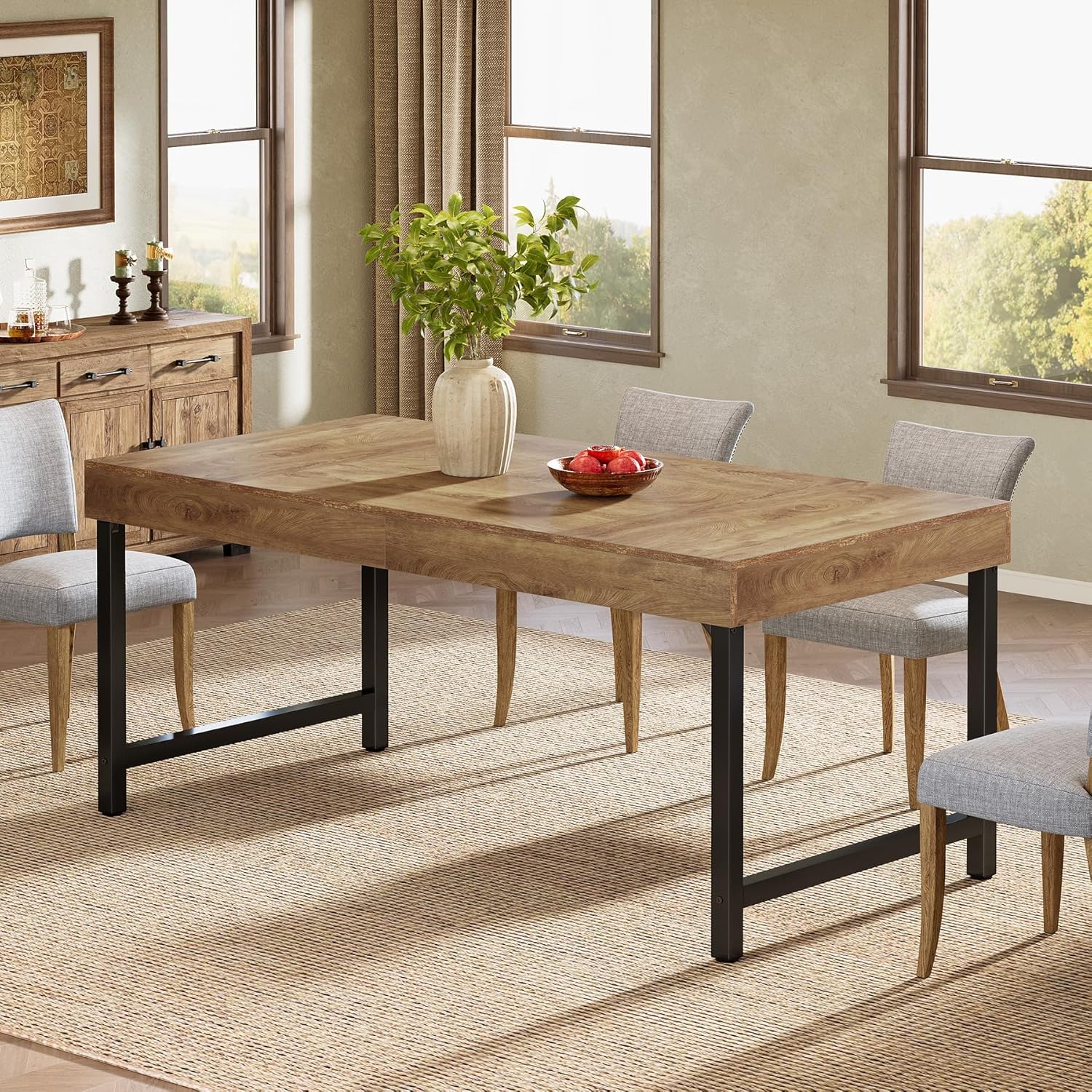 Tribesigns Farmhouse Dining Table for 4-6 People, 55 Inches Industrial Rectangular Kitchen Dinner Table with Heavy-Duty Metal Legs for Home, Dining Room, Small Space, Rustic Brown