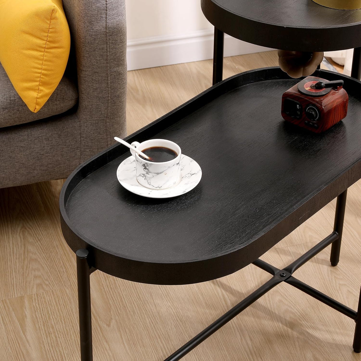 2-Tier Side Table, Metal & Wood Construction with Storage Shelf - Modern End Table for Living Room, Bedroom & Entryway,Black