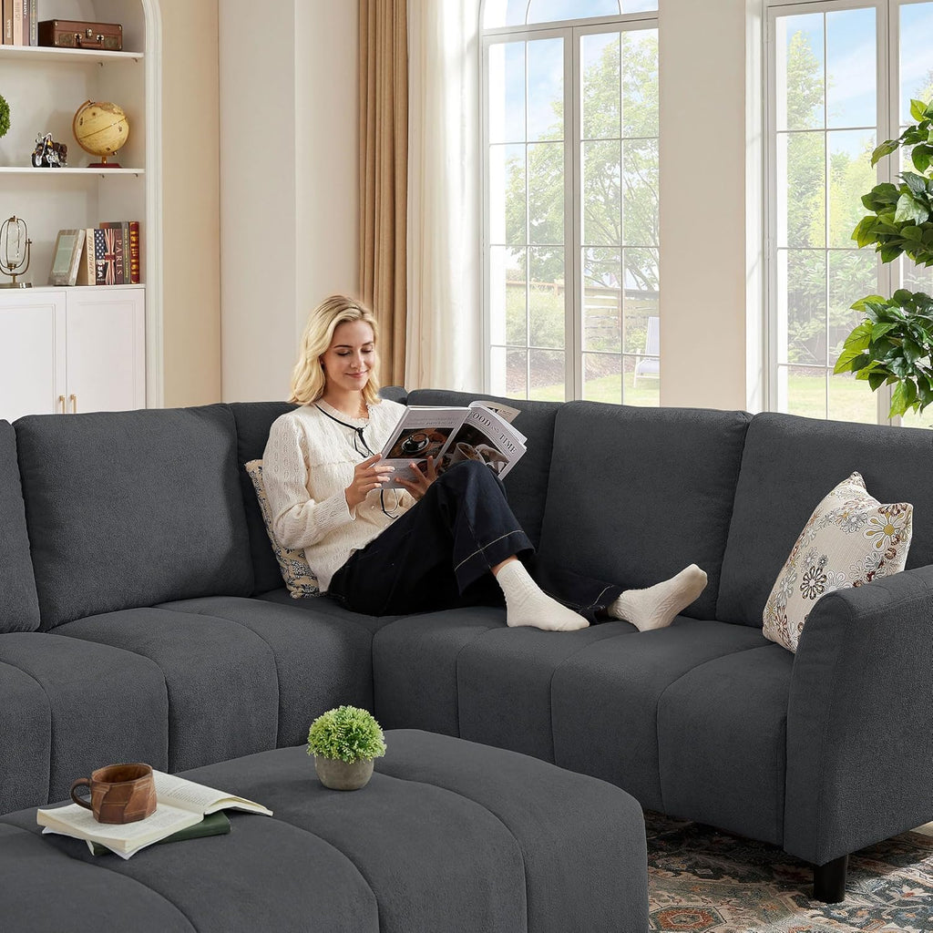 102" Convertible Sectional Sofa Couch, L Shaped Couch with Back Cushions, Modern Upholstered 6-Seat Reversible Sofa Set for Living Room, Apartment, Office, Dark Grey