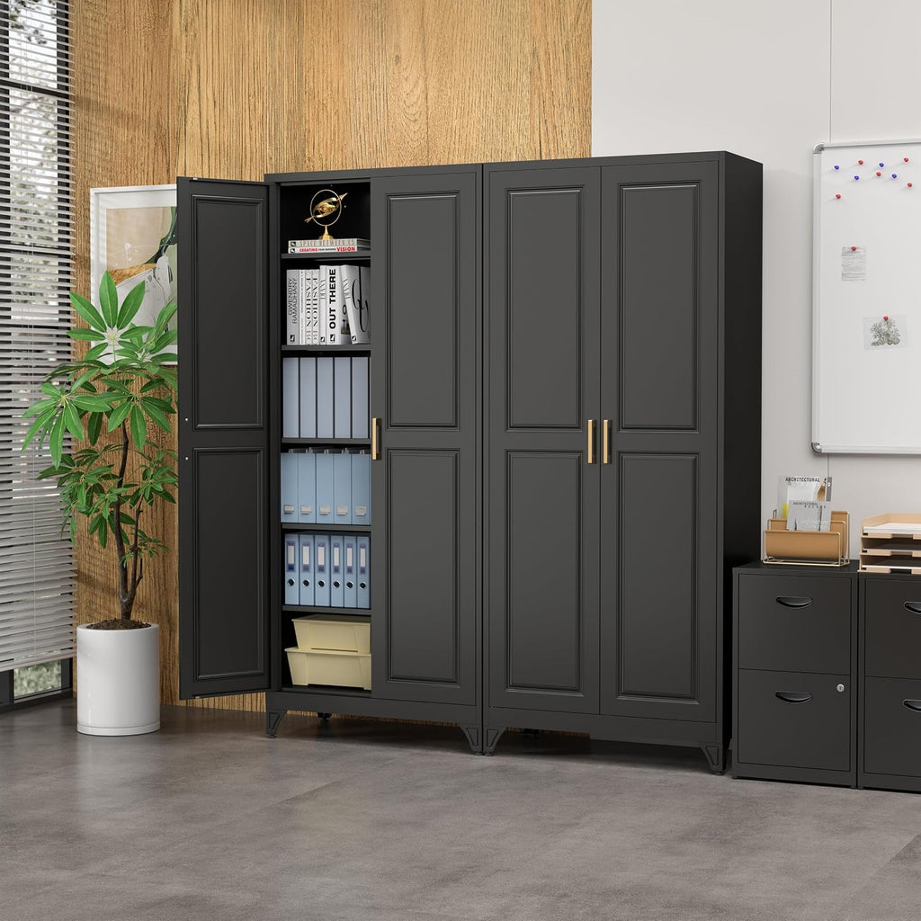 SteeLoong 75”Metal Pantry Storage Cabinet with Doors & 5 Adjustable Shelves | Kitchen Pantry Cabinet,Black Kitchen Cabinet with 2 Gold Handles,Tall Cabinet for Livingroom,Pantry, Bathroom,Kitchen,Garage