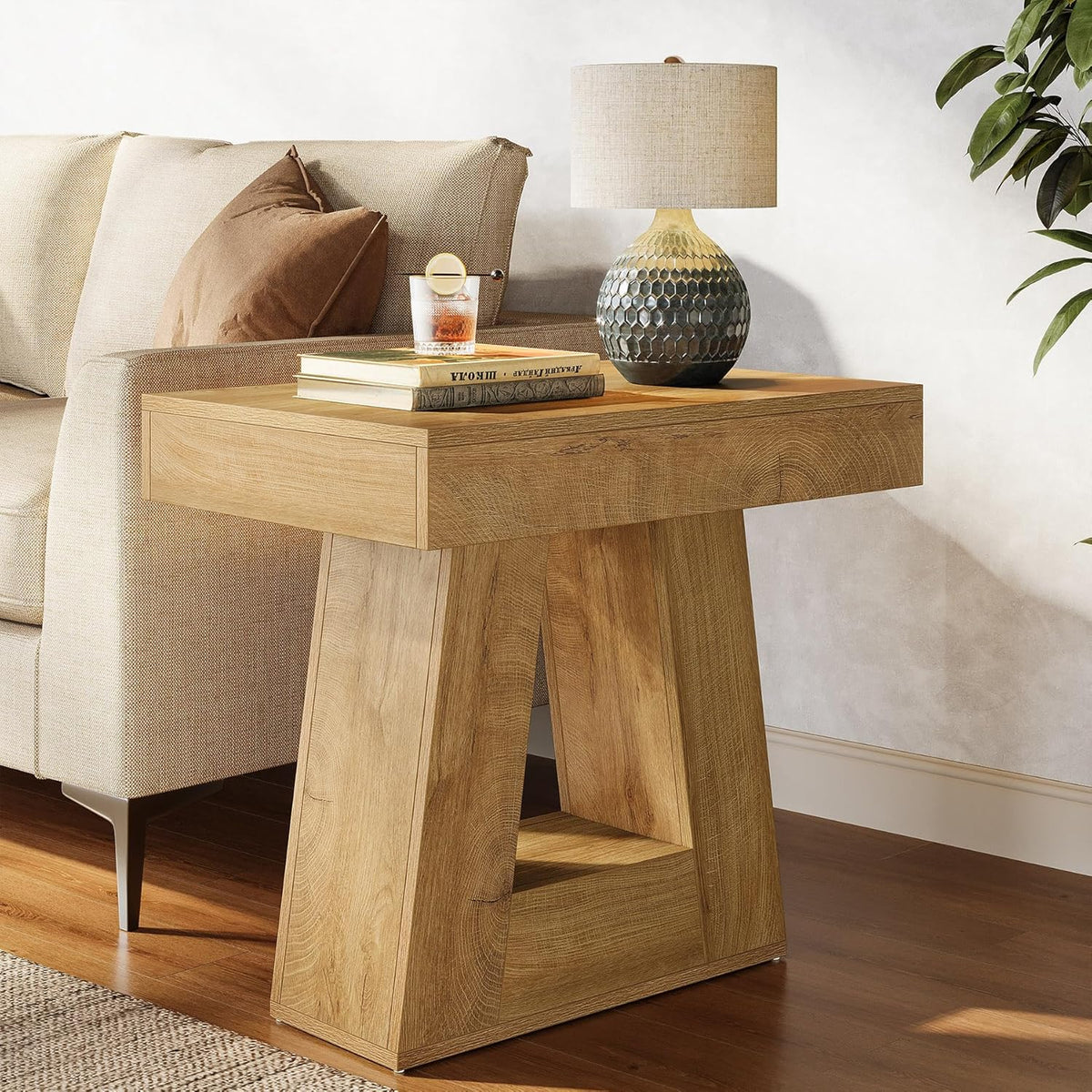 Tribesigns 24" Modern Side Table, 2-Tier Narrow Wooden End Table with Trapezoid Base, Farmhouse Small Nightstand for Living Room, Bedroom, Natural Wood Color