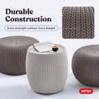 KETER Urban Knit Pouf Ottoman Set of 2 with Storage Table for Patio and Room Décor-Perfect for Balcony, Deck, and Outdoor Seating, Cream & Taupe