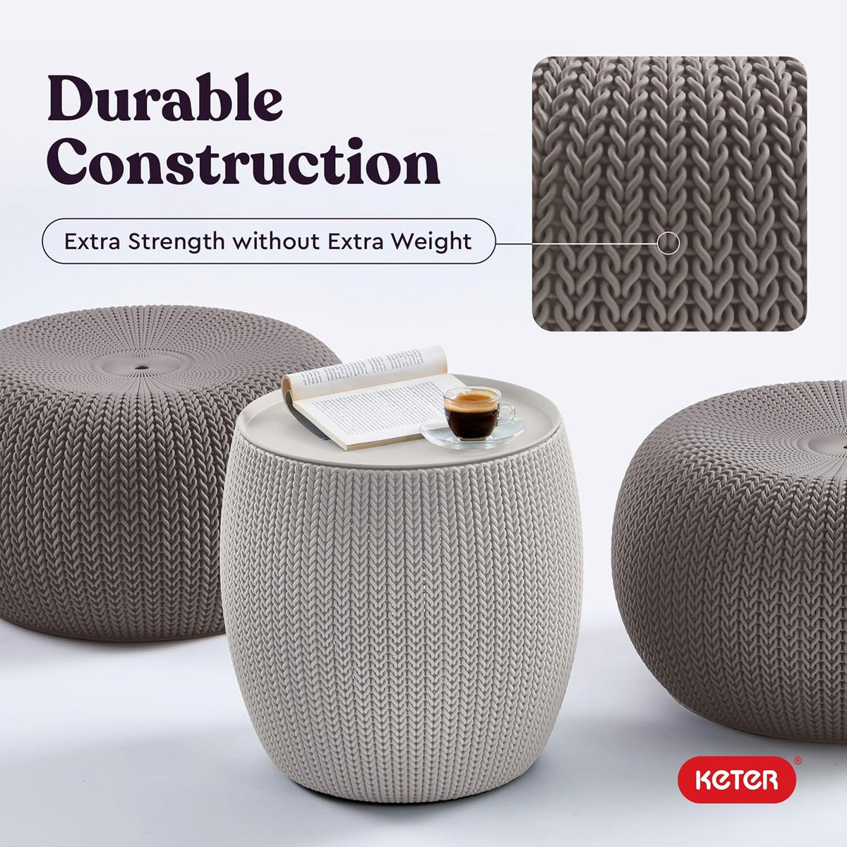 KETER Urban Knit Pouf Ottoman Set of 2 with Storage Table for Patio and Room Décor-Perfect for Balcony, Deck, and Outdoor Seating, Cream & Taupe
