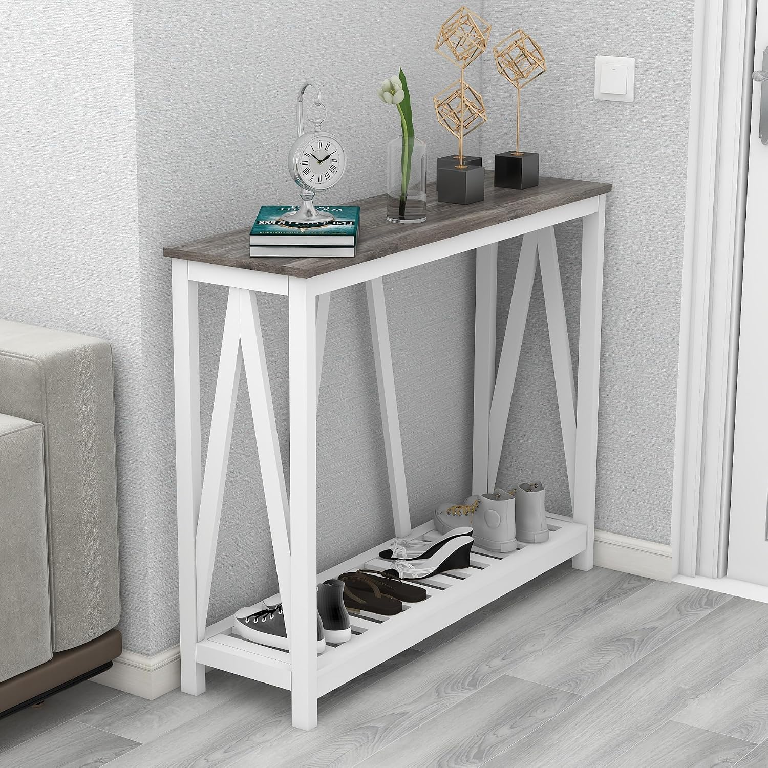 Entryway Table, 39" Farmhouse Console Table with Shelf Narrow Foyer Table | | 2-Tier Open Shelf,V-Shape Anti-Tip Legs,Slim Narrow Design,Sofa Table Use,Two-Tone Finish,30-Min Easy Assembly,Oak Grey