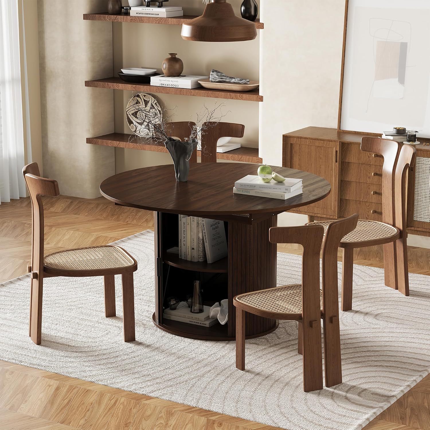 47''-63'' Extendable Round Dining Table for 4-6, Round Dining Room Table with Hidden Storage, Modern Wooden Kitchen Table with Fluted Sliding Door Cabinet for Dining Room Kitchen, Walnut