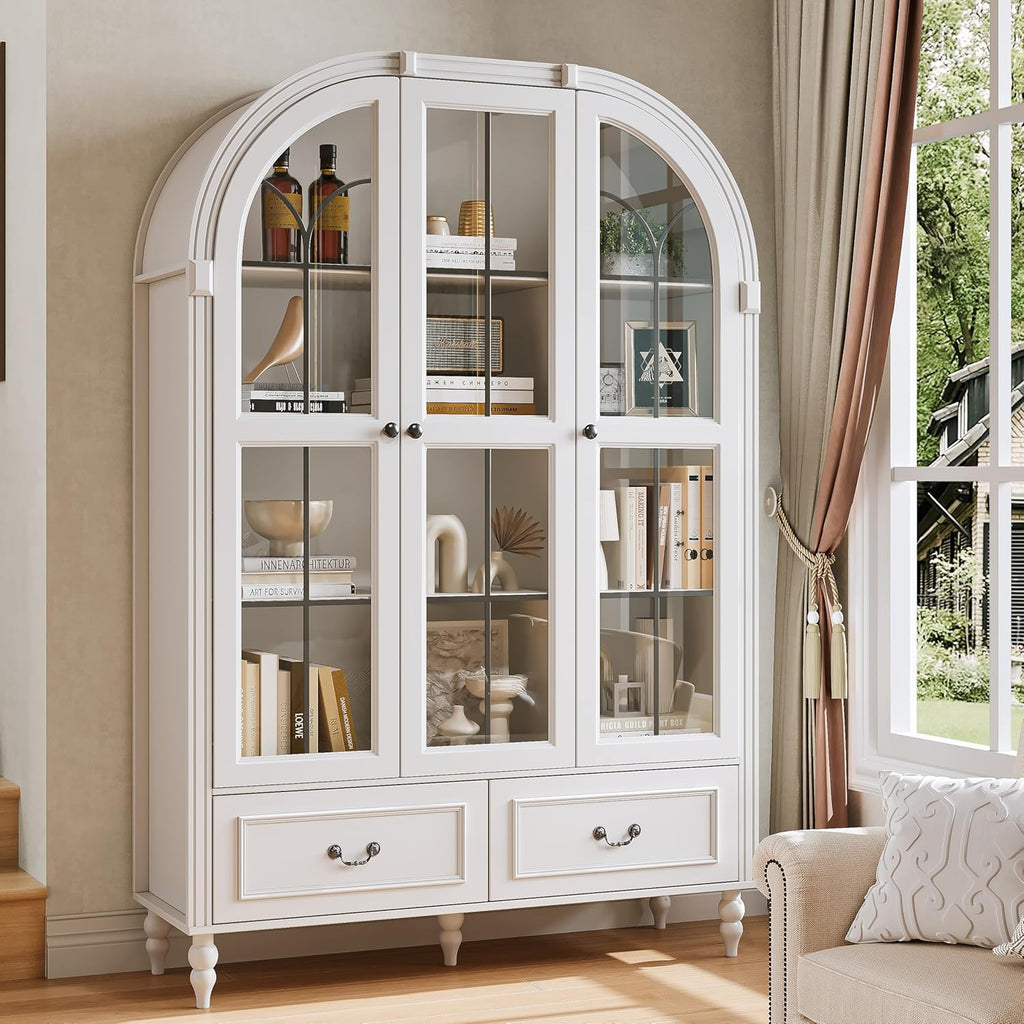 70.8'' Tall Arched Kitchen Pantry Cabinet, Large Farmhouse Storage Cabinet with Glass Doors, Display Case, Wood Bookshelf with 2 Drawers & Adjustable Shelves, Kitchen Pantry for Living Room, White