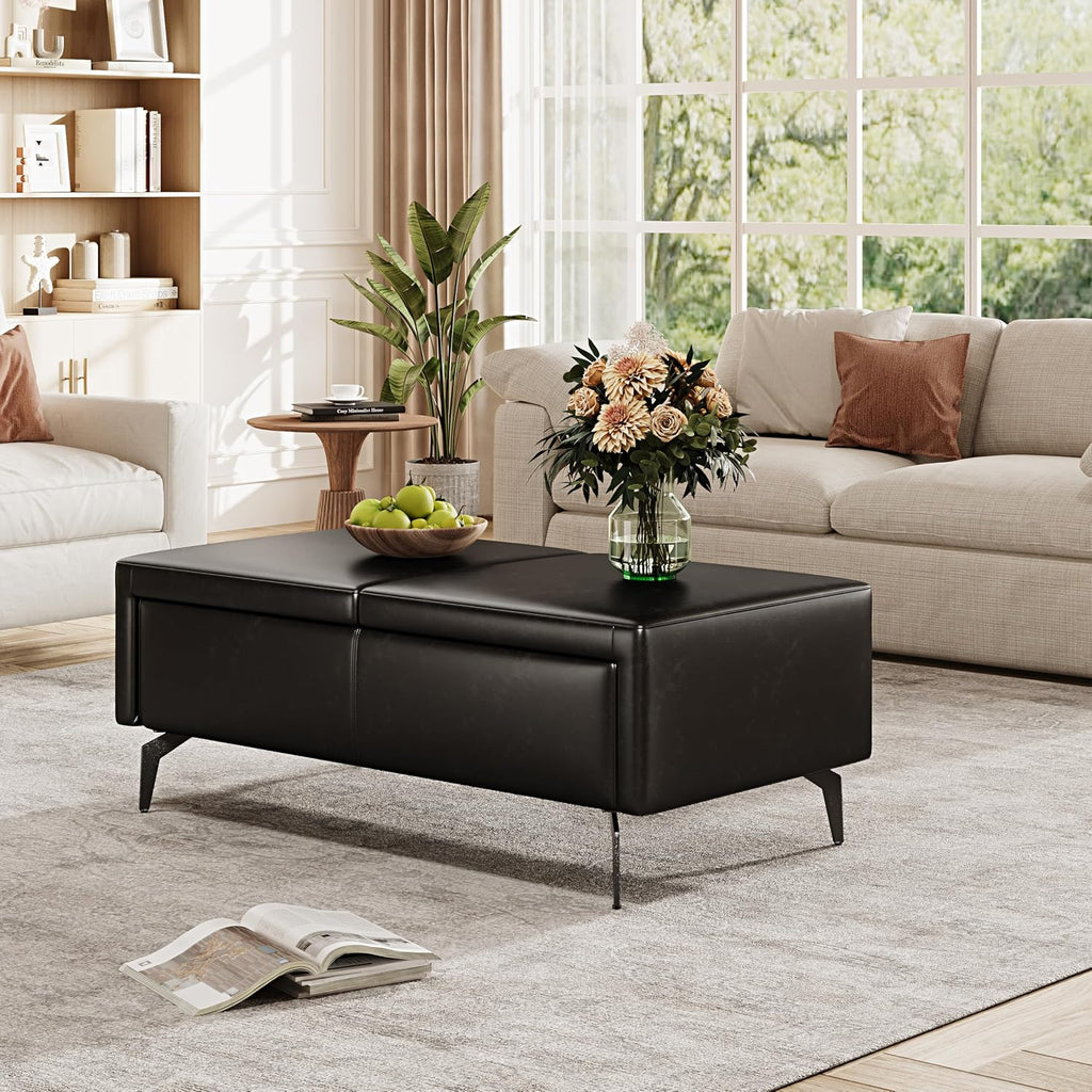 47 Inches Ottoman with Storage, Rectangle Faux Leather Ottoman Bench/Footrest/Shoes Bench, Upholstered Coffee Table for Living Room, Bedroom, Entryway, Black