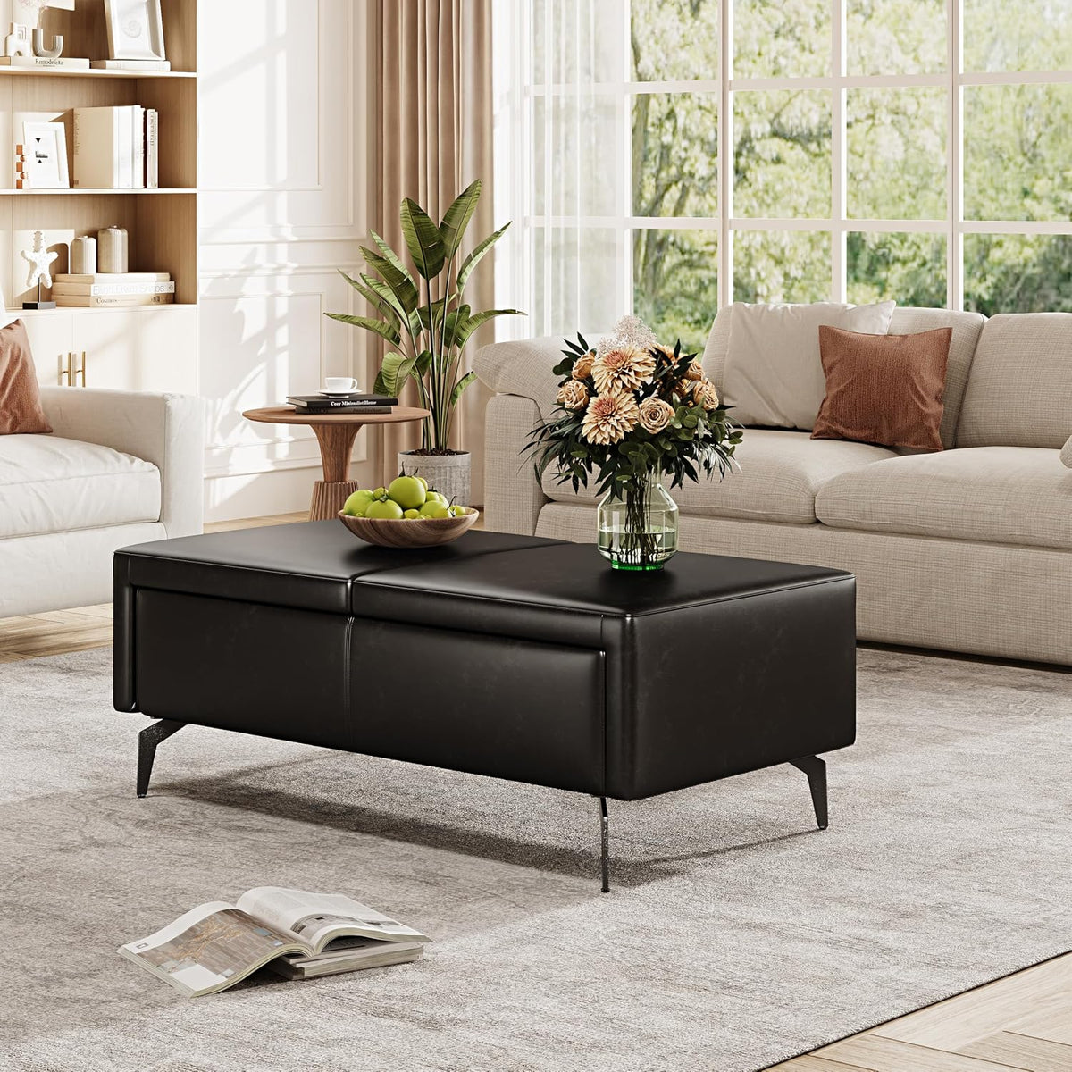 47 Inches Ottoman with Storage, Rectangle Faux Leather Ottoman Bench/Footrest/Shoes Bench, Upholstered Coffee Table for Living Room, Bedroom, Entryway, Black