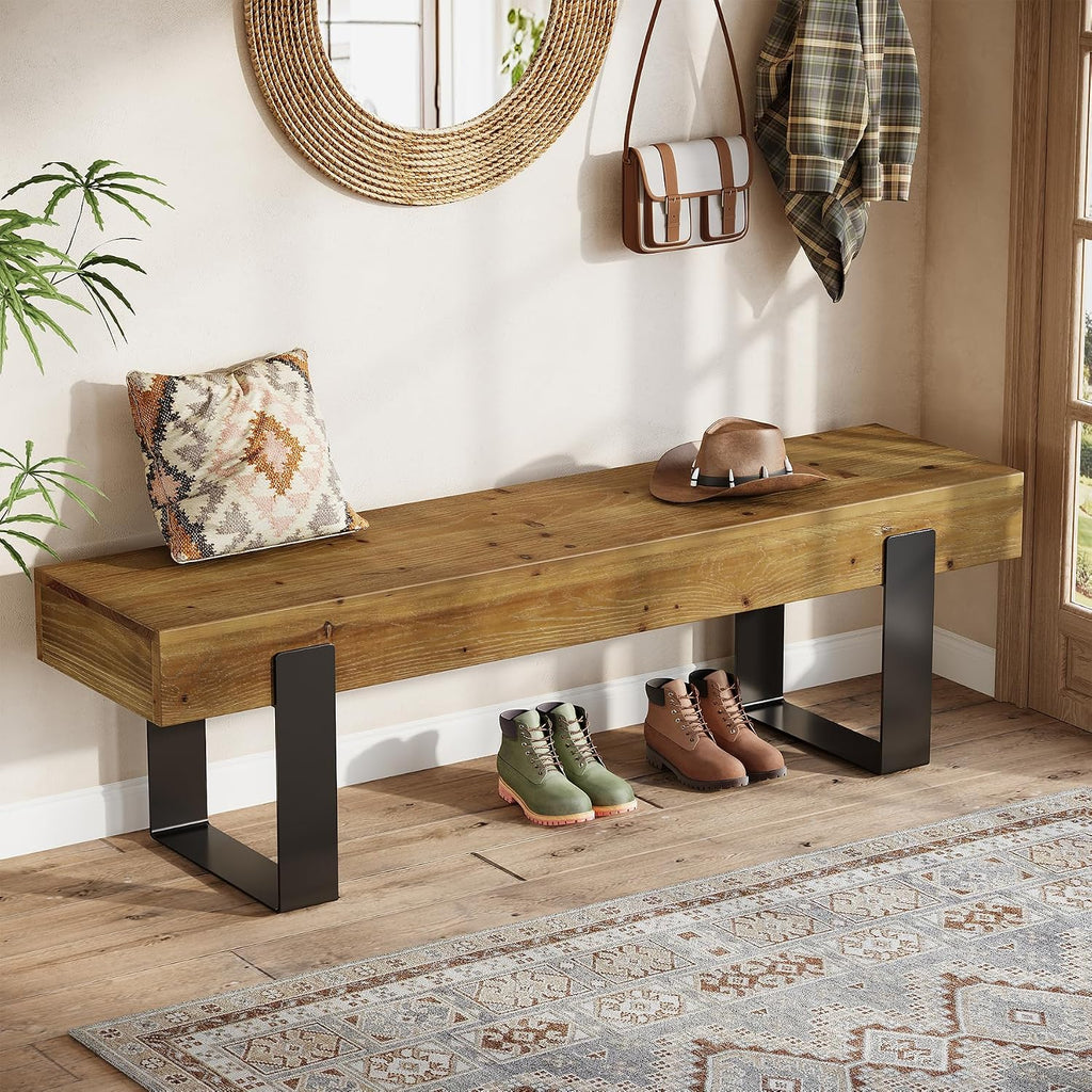 Solid Wooden Entryway Bench, 63" Farmhouse Indoor Shoe Bench with Metal Legs, Industrial Long End of Bed Stool with Seating for Entry, Hallway, Porch, Living Room, Mudroom, Easy Assembly