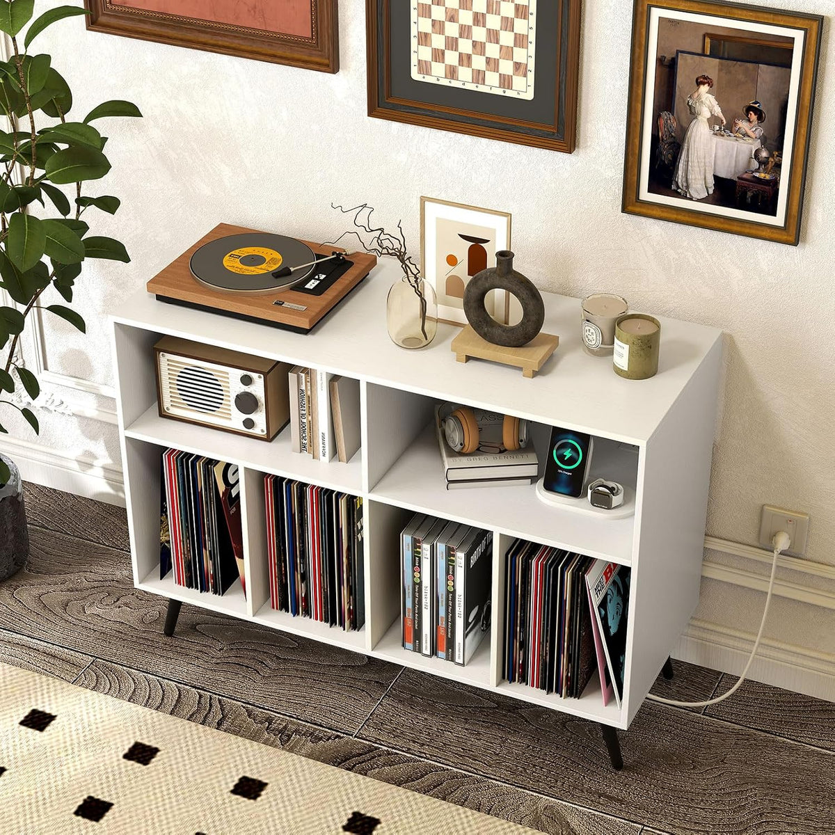 LOKO Large Record Player Stand, Vinyl Record Holder with Built-in Power Outlet, Open Shelves & Compartments, Turntable Display Stand for Living Room, Bedroom, Office (White)