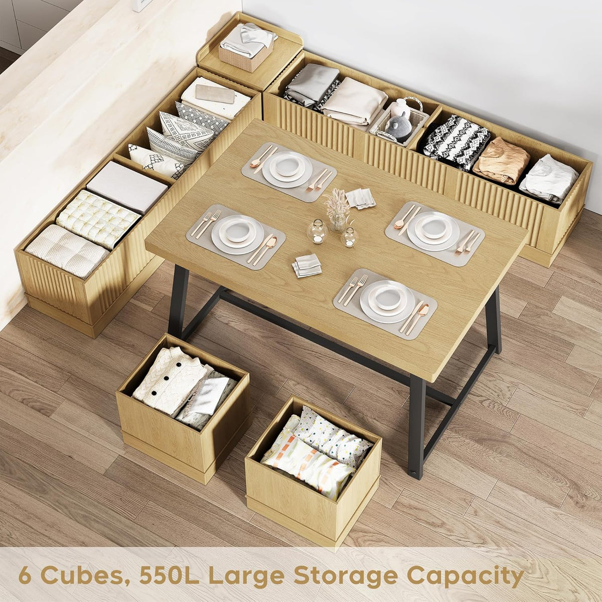 Brafab Corner Dining Table Set, 43 Inch Breakfast Nook Table Set with Bench with Hidden Storage & 2 Ottomans, 5-Piece Corner Bench Dining Table Set, Natural