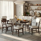 COLAMY Solid Wood Dining Chairs Set of 6, Mid Century Modern Upholstered Kitchen Chairs with 3.3" Thick Cushion, Farmhouse Dining Room Chairs with Level Legs & Wire-Brushed Finish, Brown