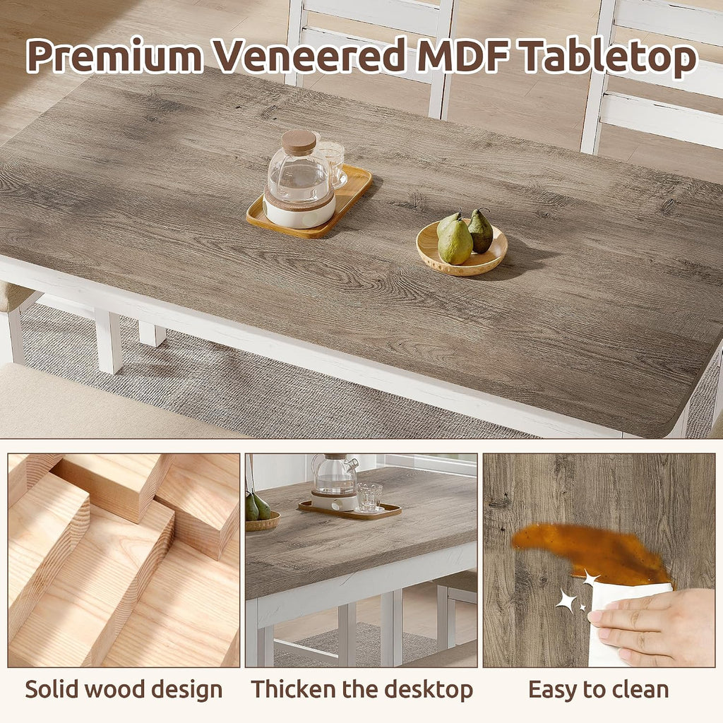 59" Farmhouse Dining Table Set for 6, White Rectangular Wood Table with Upholstered Chairs & Bench for Kitchen or Dining Room (2chiars&2bench)