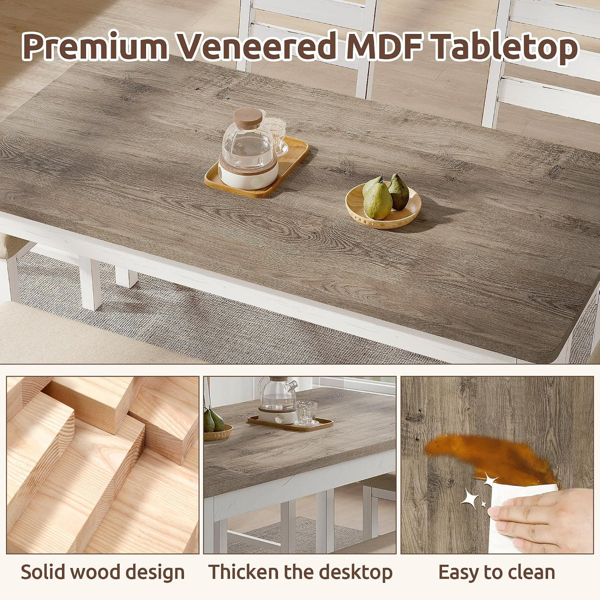 59" Farmhouse Dining Table Set for 6, White Rectangular Wood Table with Upholstered Chairs & Bench for Kitchen or Dining Room (2chiars&2bench)