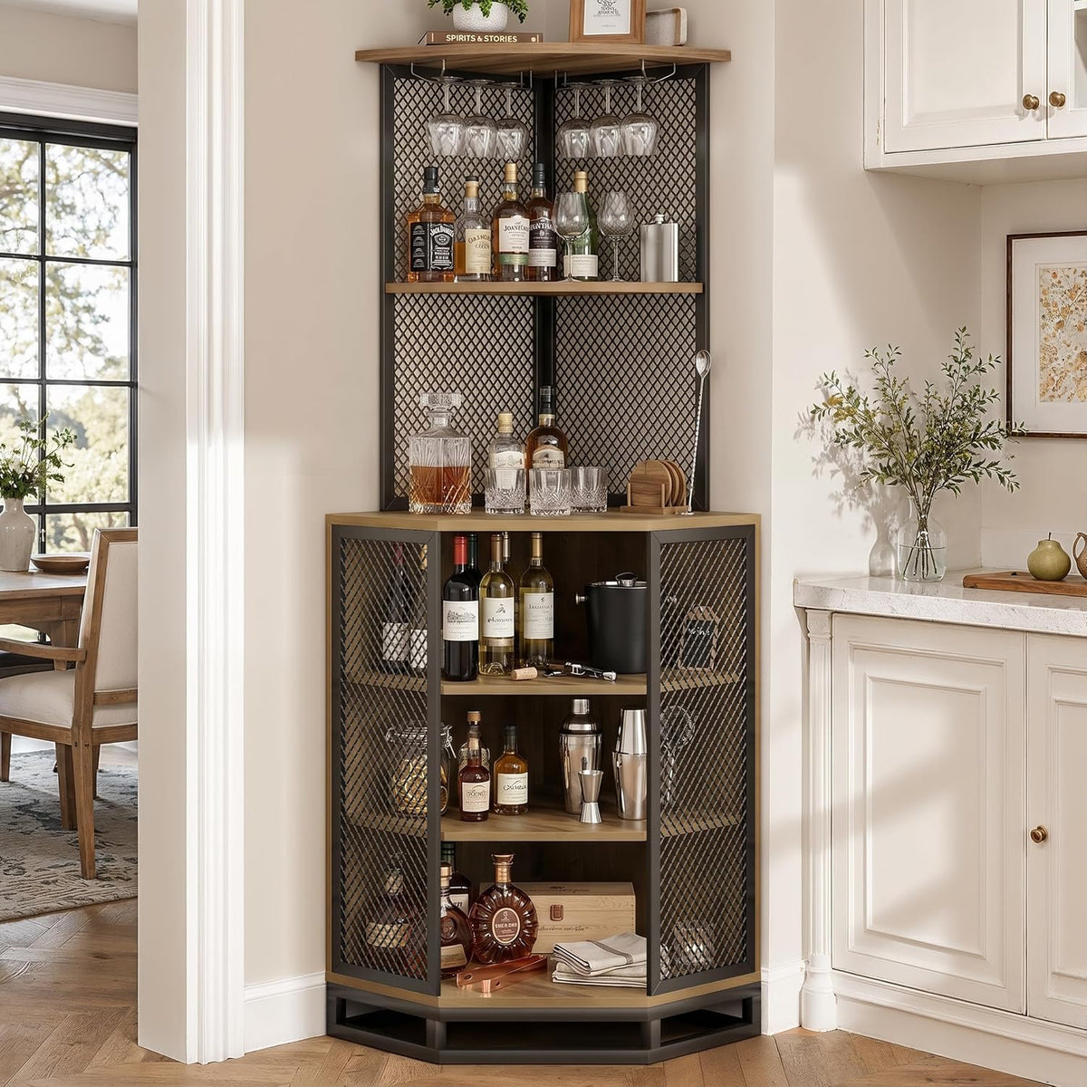 IBF 71 Inch Rustic Oak Farmhouse Tall Corner Bar Cabinet with Glass Holder | Sturdy 5-Tier Industrial Farmhouse Liquor Storage with Adjustble Shelf，Anti-Tipping Design for Home Kitchen Small Space